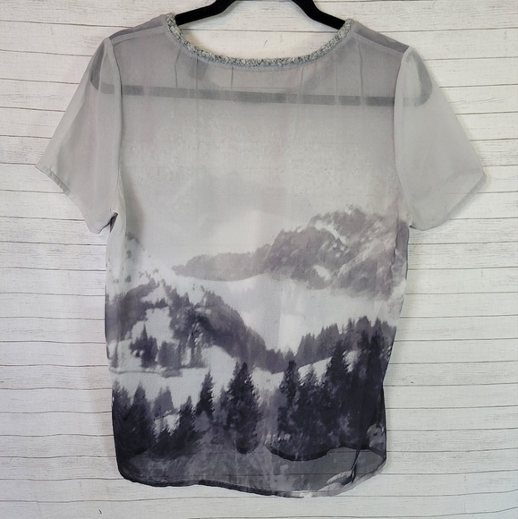 MAISON SCOTCH SHEER SHORT SLEEVE MOUNTAIN SCENE BLOUSE, SZ 6 - Picture 6 of 14